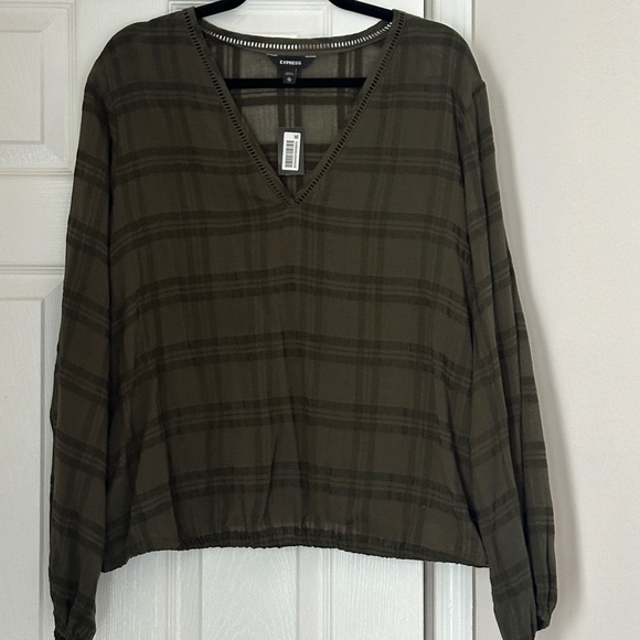 Brand New Express WindowPane Semi-Sheer Cropped Blouse XL Green Fall - Picture 1 of 8